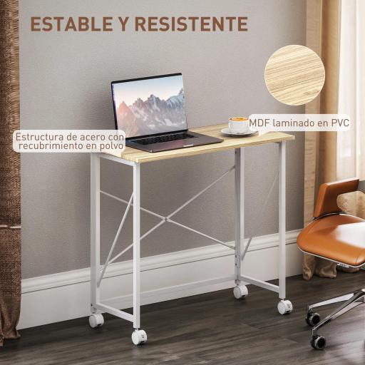 Escritorio Plegable con Ruedas y Estructura Resistente Ideal para Oficina y Estudio 80x40x75 cm Natural y Blanco [3]