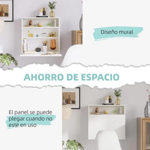Escritorio Plegable de Pared Moderno Mesa Flotante Multifuncional con Estantes de Almacenamiento 64x20x60 cm Blanco [3]