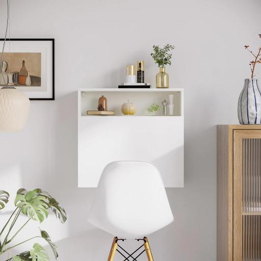 Escritorio Plegable de Pared Moderno Mesa Flotante Multifuncional con Estantes de Almacenamiento 64x20x60 cm Blanco [5]