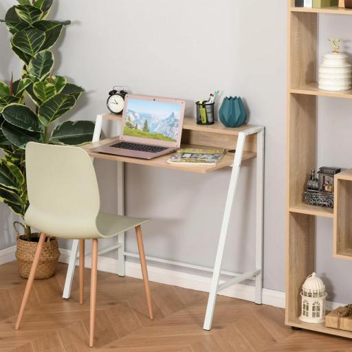 Escritorio Mesa de Ordenador 84x45x85cm con Encimera de Madera y Patas de Metal Estilo Moderno para Oficina Roble