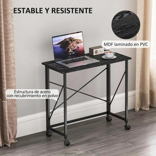 Escritorio Plegable con Ruedas y Estructura Resistente Ideal para Oficina y Estudio 80x40x75 cm Negro [4]