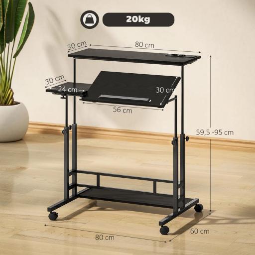 Escritorio Elevable con Ruedas Enchufes Puertos USB Altura Ajustable Panel Central Inclinado y Estante 80x60 cm Negro [1]