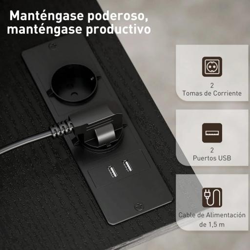 Escritorio Elevable con Ruedas Enchufes Puertos USB Altura Ajustable Panel Central Inclinado y Estante 80x60 cm Negro [3]