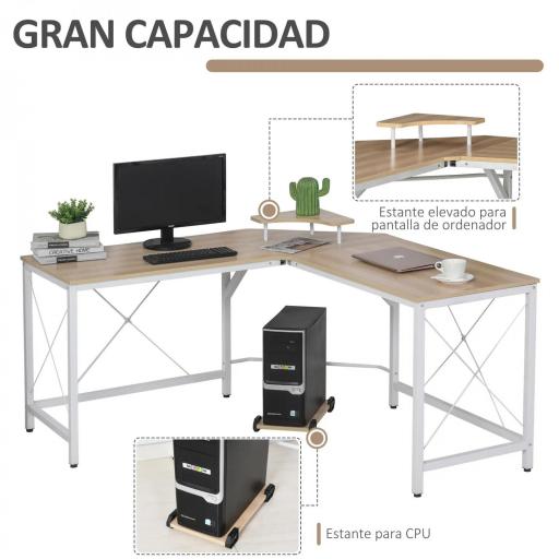 Mesa de Escritorio en Forma de L con Soporte de Monitor Estante y Estructura en X 150x150x76 cm Madera y Blanco [2]