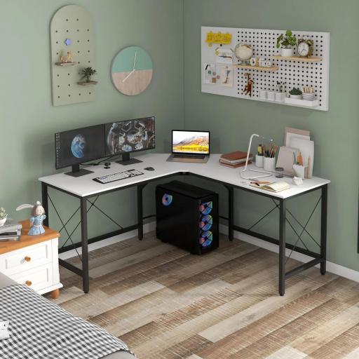 Escritorio Esquinero Moderno con Marco de Acero Carga 70 kg para Oficina Hogar Estudio 150x150x76 cm Blanco