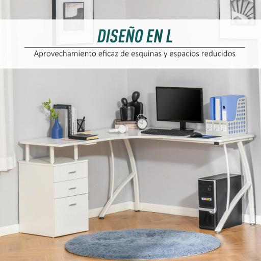 Escritorio Esquinero para Ordenador Escritorio en Forma de L con 3 Cajones Mesa Moderna para Oficina Estudio 143,5x143,5x76 cm Blanco [5]