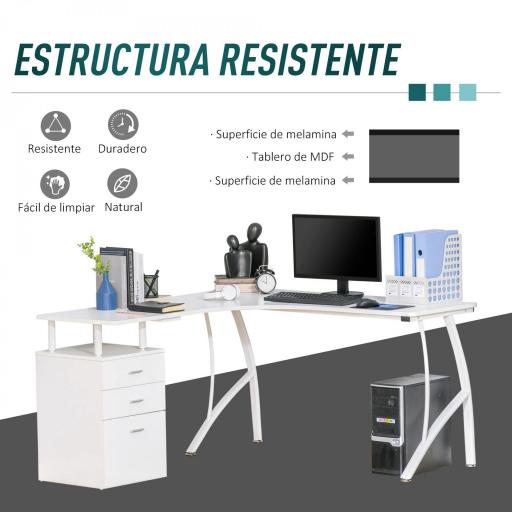 Escritorio Esquinero para Ordenador Escritorio en Forma de L con 3 Cajones Mesa Moderna para Oficina Estudio 143,5x143,5x76 cm Blanco [4]