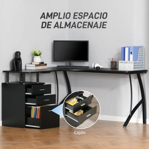 Escritorio Esquinero para Ordenador en Forma de L con 3 Cajones para Oficina Estudio 143,5x143,5x76 cm Negro [4]