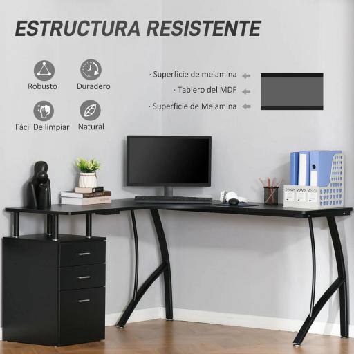 Escritorio Esquinero para Ordenador en Forma de L con 3 Cajones para Oficina Estudio 143,5x143,5x76 cm Negro [2]