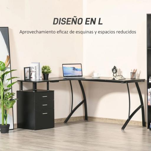 Escritorio Esquinero para Ordenador en Forma de L con 3 Cajones para Oficina Estudio 143,5x143,5x76 cm Negro [5]