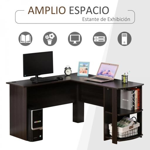 Mesa de Ordenador PC Escritorio para Oficina Hogar Tipo Esquinera Forma L con Estantes 136x130x72cm Madera [4]