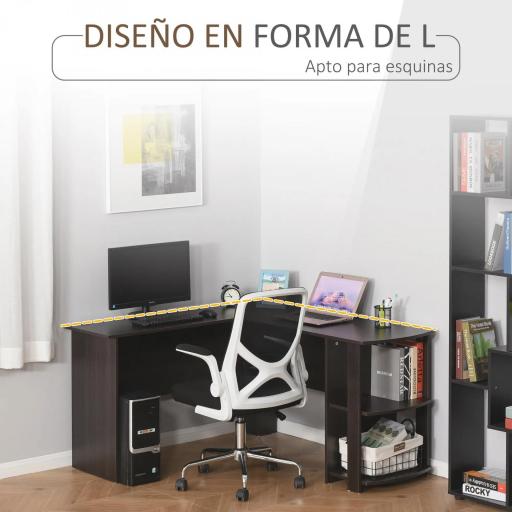 Mesa de Ordenador PC Escritorio para Oficina Hogar Tipo Esquinera Forma L con Estantes 136x130x72cm Madera [5]