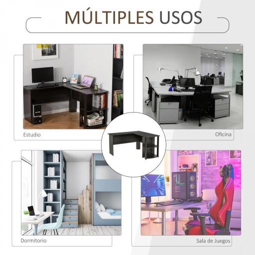 Mesa de Ordenador PC Escritorio para Oficina Hogar Tipo Esquinera Forma L con Estantes 136x130x72cm Madera [3]