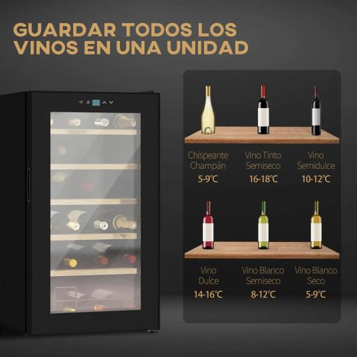 Nevera Vinos 24 Botellas 65L con Luz LED Interior Pantalla Táctil Puerta de Vidrio y 5 Estantes de Metal Negro [2]