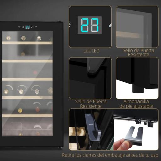Nevera Vinos 24 Botellas 65L con Luz LED Interior Pantalla Táctil Puerta de Vidrio y 5 Estantes de Metal Negro [4]