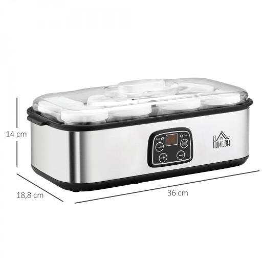 Yogurtera 30W Capacidad 1,44L con 8 Tarros de Cristal de 180 ml Termostato Ajustable Temporizador de 1-48 Horas y Apagado Automático 36x18,8x14 cm Plata [1]