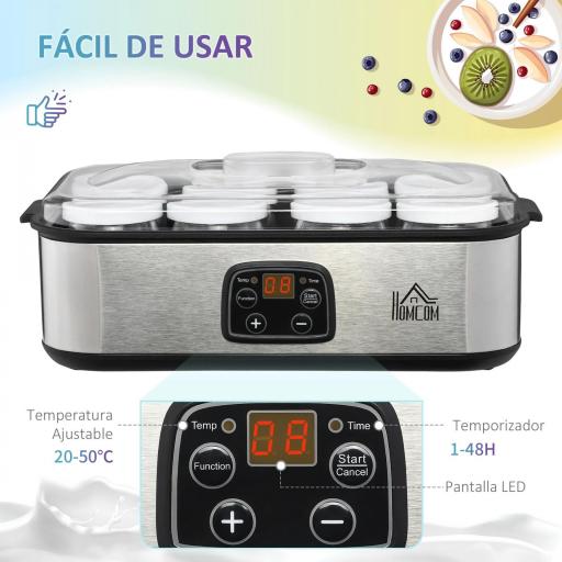 Yogurtera 30W Capacidad 1,44L con 8 Tarros de Cristal de 180 ml Termostato Ajustable Temporizador de 1-48 Horas y Apagado Automático 36x18,8x14 cm Plata [4]
