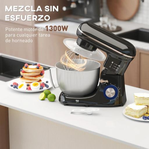 Amasadora 1300W 4,5L 6 Velocidades Bol de Acero Inoxidable Batidor Ganchos Varillas Protector contra Salpicaduras Negro [2]