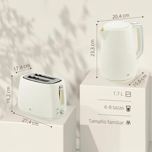 Juego de Hervidor de Agua Eléctrico 2200W 1,7L y Tostador Pan Ranura Ancha para 2 Rebanadas 3 Funciones Crema [1]