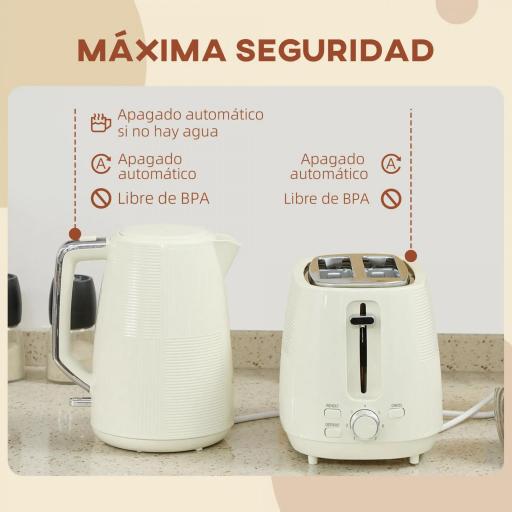 Juego de Hervidor de Agua Eléctrico 2200W 1,7L y Tostador Pan Ranura Ancha para 2 Rebanadas 3 Funciones Crema [4]