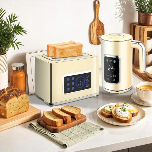  Set Desayuno con Pantalla LED Táctil Hervidor de Agua 1,7L 2200W Tostadora Pan Ranura Ancha 2 Rebanadas Crema