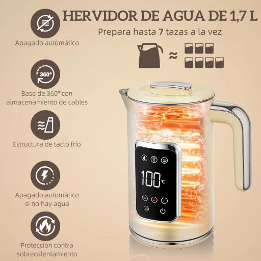  Set Desayuno con Pantalla LED Táctil Hervidor de Agua 1,7L 2200W Tostadora Pan Ranura Ancha 2 Rebanadas Crema [6]
