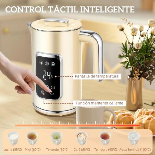 Set Desayuno con Pantalla LED Táctil Hervidor de Agua 1,7L 2200W Tostadora Pan Ranura Ancha 2 Rebanadas Crema [5]