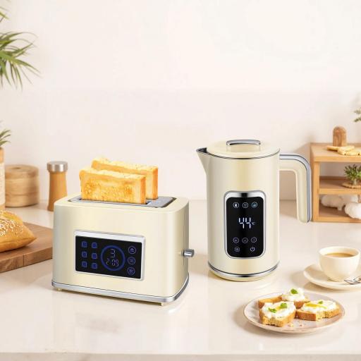  Set Desayuno con Pantalla LED Táctil Hervidor de Agua 1,7L 2200W Tostadora Pan Ranura Ancha 2 Rebanadas Crema [7]