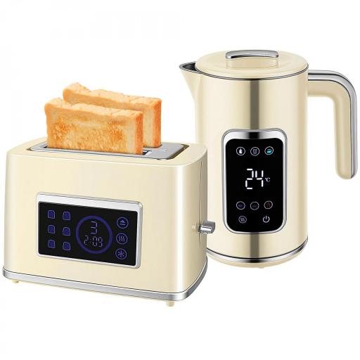  Set Desayuno con Pantalla LED Táctil Hervidor de Agua 1,7L 2200W Tostadora Pan Ranura Ancha 2 Rebanadas Crema [8]