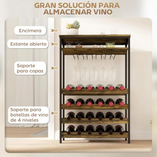 Botellero Vino para 24 Botellas con Soporte para Copas y Estante Abierto 66x30x100,3 cm Marrón Rústico [3]
