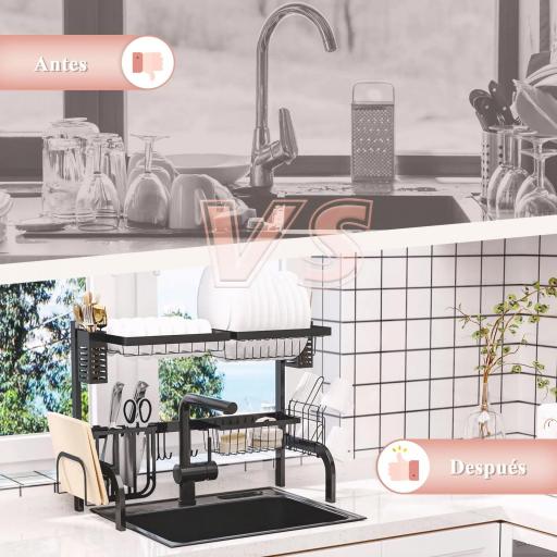 Escurreplatos de Acero de 2 Niveles para Fregadero con Diferentes Soportes y 5 Ganchos 65x31,5x52,5cm Negro [1]