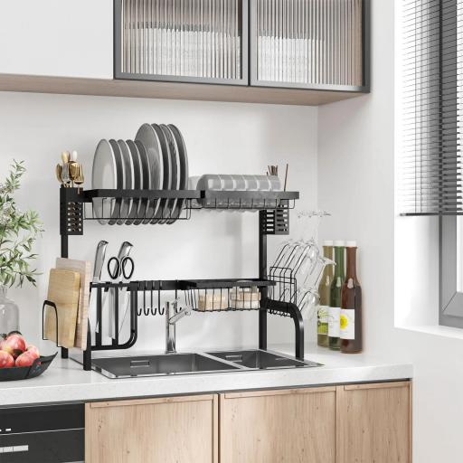 Escurreplatos de Acero de 2 Niveles para Fregadero con Diferentes Soportes y 5 Ganchos 65x31,5x52,5cm Negro [8]