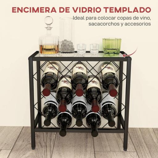 Botellero Vino para 10 Botellas con Encimera de Vidrio Templado y Marco de Acero para Salón Comedor 41x22x41 cm Negro [2]