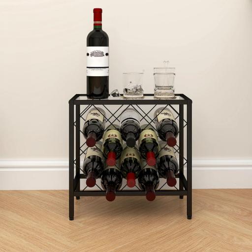 Botellero Vino para 10 Botellas con Encimera de Vidrio Templado y Marco de Acero para Salón Comedor 41x22x41 cm Negro [6]