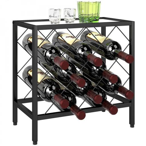 Botellero Vino para 10 Botellas con Encimera de Vidrio Templado y Marco de Acero para Salón Comedor 41x22x41 cm Negro [9]