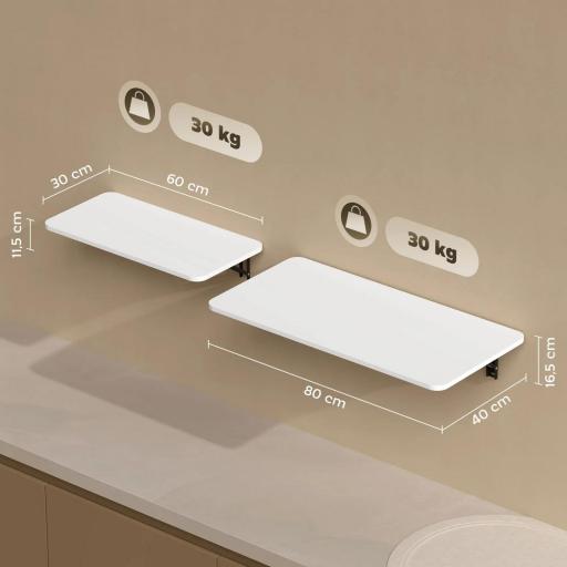 Juego de 2 Mesas Plegables de Pared, Escritorios Flotantes para Cocina Comedor, 80x40x16,5cm 60x30x11,5cm Blanco Brillo [1]