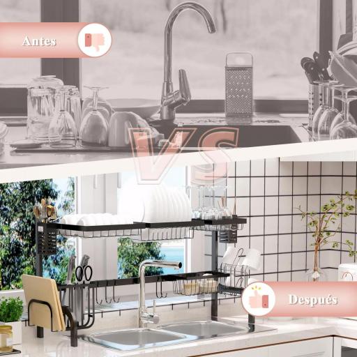 Escurreplatos de Acero de 2 Niveles para Fregadero con Soporte de Tabla de Corte y Cubiertos 100x30x52,5 cm Negro [4]