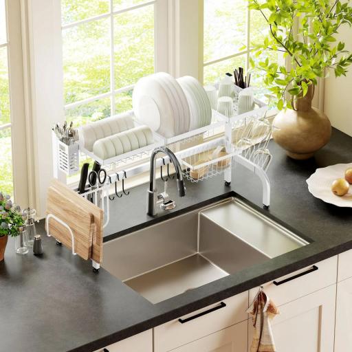 Escurreplatos de Acero de 2 Niveles para Fregadero con Soporte de Tabla de Corte y Cubiertos 100x30x54,5cm Blanco