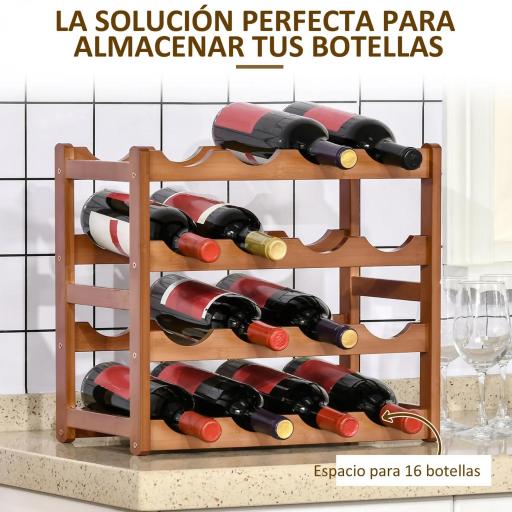 Botellero de Madera Bambú de 4 Niveles para 16 Botellas de Vino Carga Máxima 75 kg 43x23,5x38 cm Marrón [3]