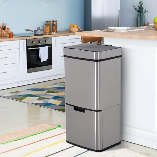 Papelera de Cocina 72L con Sensor Detector de Movimiento Apertura Automático y 3 Compartimentos 42x30x81 cm Gris