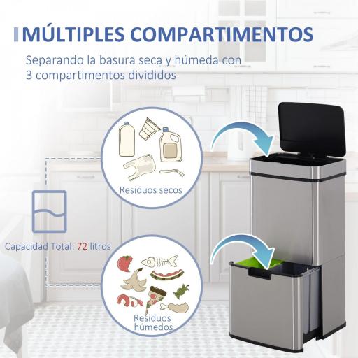 Papelera de Cocina 72L con Sensor Detector de Movimiento Apertura Automático y 3 Compartimentos 42x30x81 cm Gris [5]