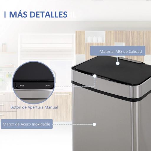 Papelera de Cocina 72L con Sensor Detector de Movimiento Apertura Automático y 3 Compartimentos 42x30x81 cm Gris [4]