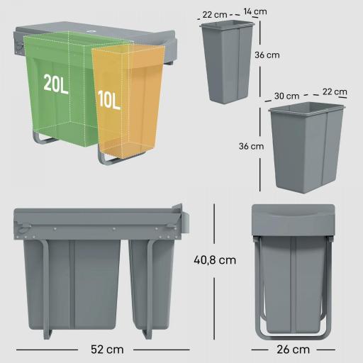 Cubo de Basura bajo Fregadero 2 Contenedores de Reciclaje Extraíble 20L+10L Deslizamiento Suave Gris [1]