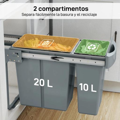 Cubo de Basura bajo Fregadero 2 Contenedores de Reciclaje Extraíble 20L+10L Deslizamiento Suave Gris [3]