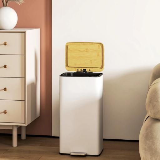 Cubo de Basura Cocina con Pedal 20L Tapa Cierre Suave Cubo Interior Extraíble 29,5x29,5x56,8 cm Blanco y Natural