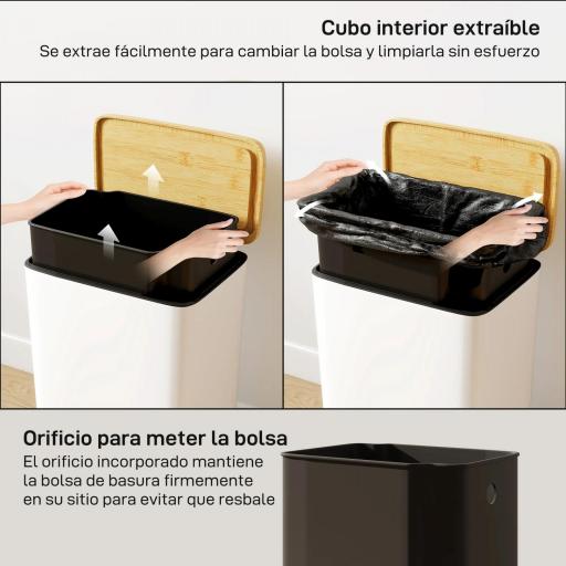 Cubo de Basura Cocina con Pedal 20L Tapa Cierre Suave Cubo Interior Extraíble 29,5x29,5x56,8 cm Blanco y Natural [2]