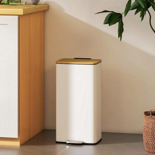 Cubo de Basura Cocina con Pedal 20L Tapa Cierre Suave Cubo Interior Extraíble 29,5x29,5x56,8 cm Blanco y Natural [6]