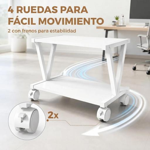 Soporte para Impresora de 2 Niveles Bajo Escritorio con Ruedas Bloqueables para Oficina en Casa 44x28x32 cm Blanco [3]