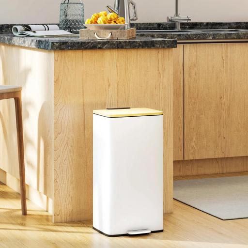 Cubo de Basura Cocina con Pedal 20L Tapa Cierre Suave Cubo Interior Extraíble 29,5x29,5x56,8 cm Blanco y Natural [7]