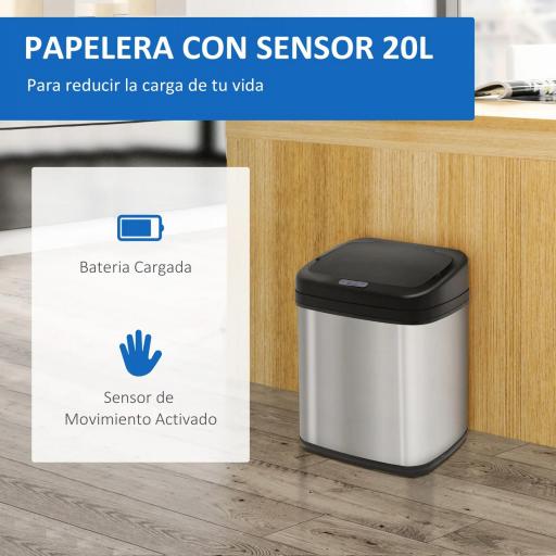 Papelera de Cocina 20L con Sensor Infrarrojo Apertura Automática y Cubo Interior Extraíble 33x25x42,5 cm Plata y Negro [4]